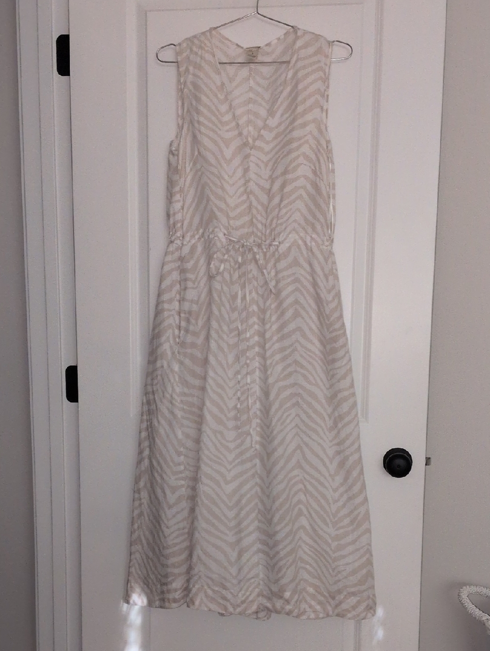 Magaschoni Size Small Linen Sleeveless Zebra Print Dress Drawstring Waist Midi